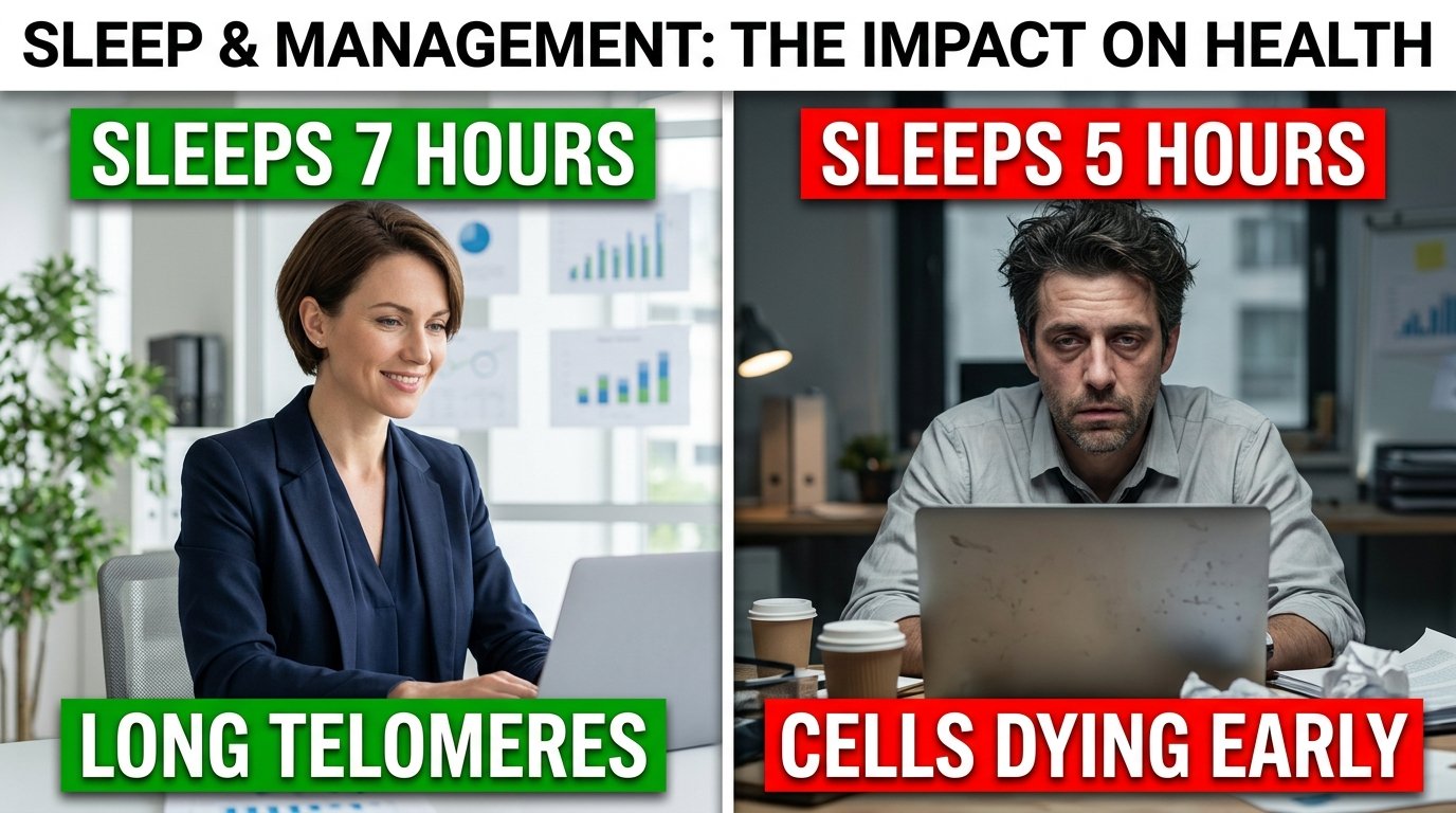 She Sleeps 7 Hours and Her Telomeres Are Long. He Sleeps 5 and His Cells Are Dying Early. Both Manage Teams of 50.